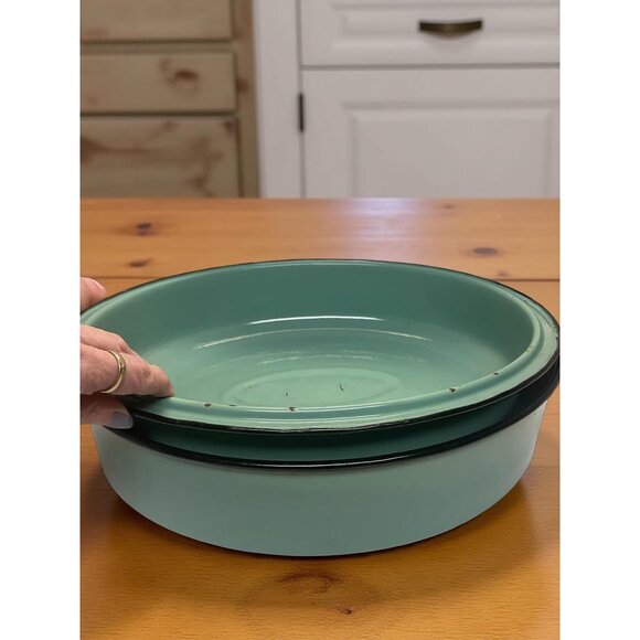 Vintage Enamelware Oval Roaster with Lid – Seafoam Green Farmhouse Enamel Pan – - Picture 5 of 8